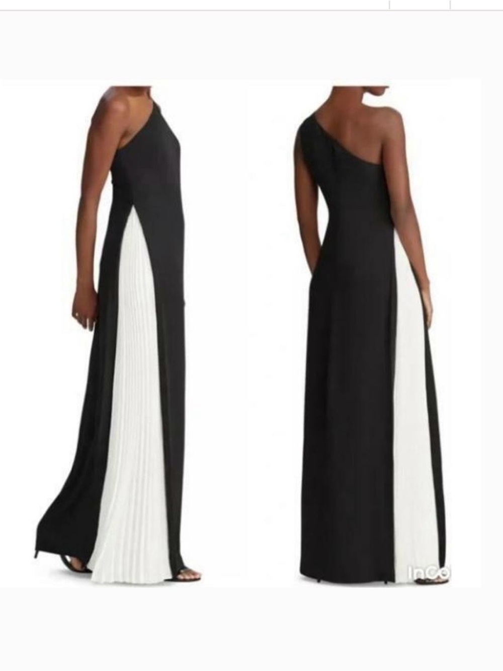 Ralph Lauren Black One-Shoulder Formal Dress with White Pleated Panel